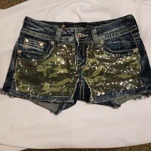 Miss Me Camo sequin denim shorts